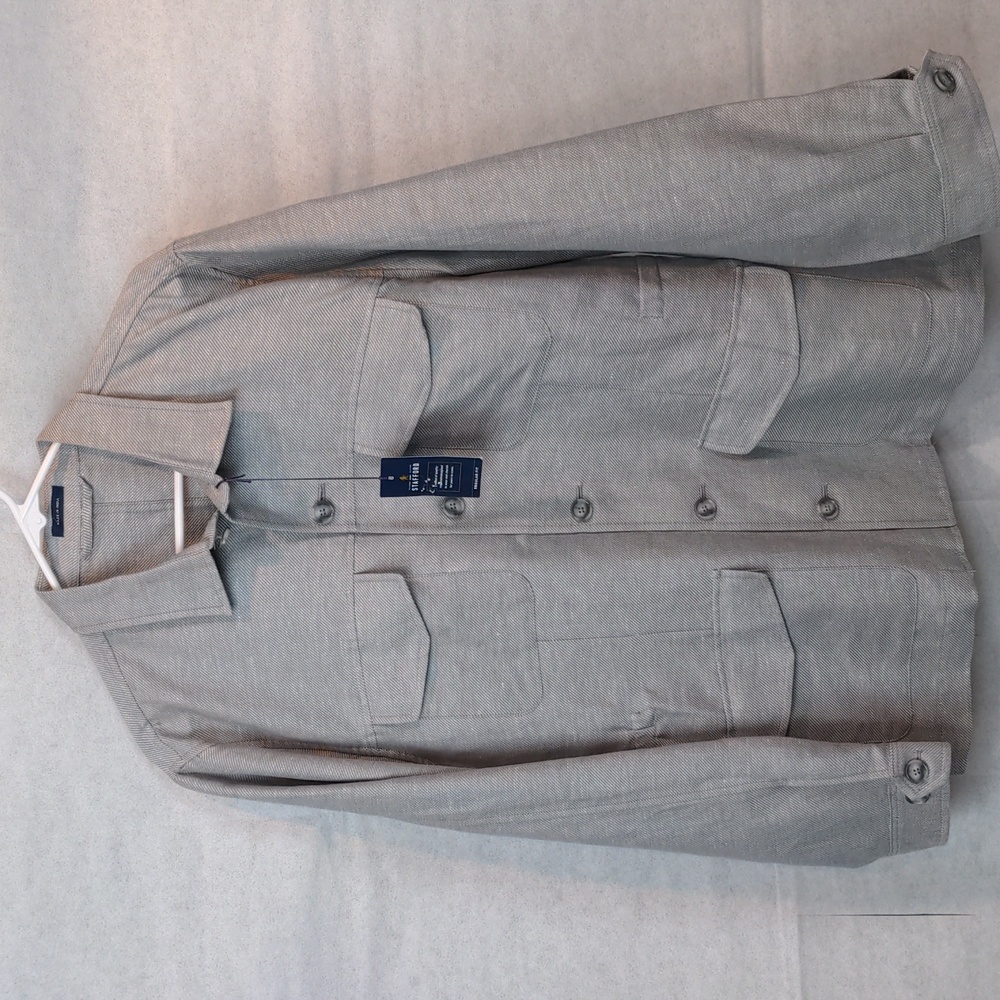 NWT Stafford Grey Twill Mens Button Down Jacket/Shirt, sz L